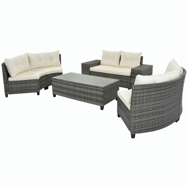 8pieces Outdoor Wicker Round Sofa Set，HalfMoon Sectional Sets All Weather，Curved Sofa Set With Rectangular Coffee Table