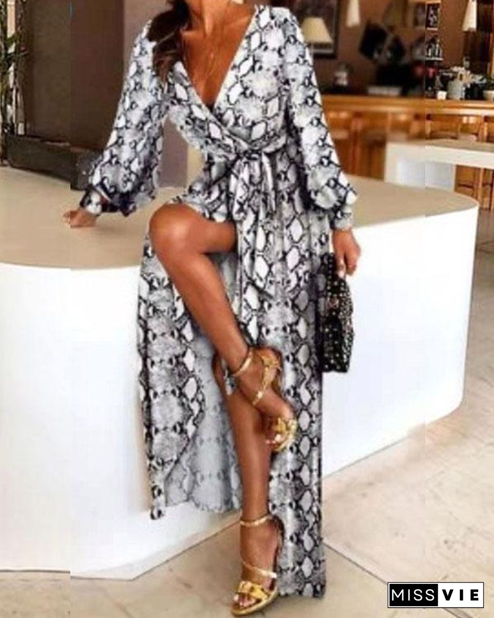 Early Spring Long Sleeve V-Neck Print Wrap Maxi Dress