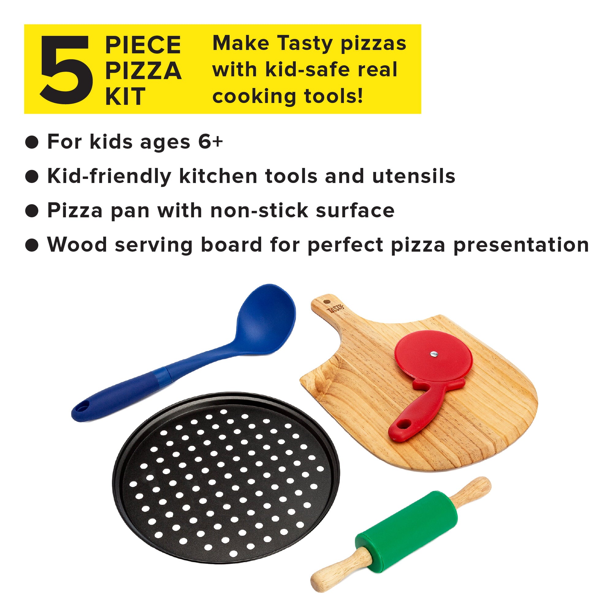 Tasty Kits Pizza Gadget Set, Includes Non-Stick Pizza Pan, Wood Serving Board, and Real Kid-Safe Cooking Tools, Multi-color, 5 Piece