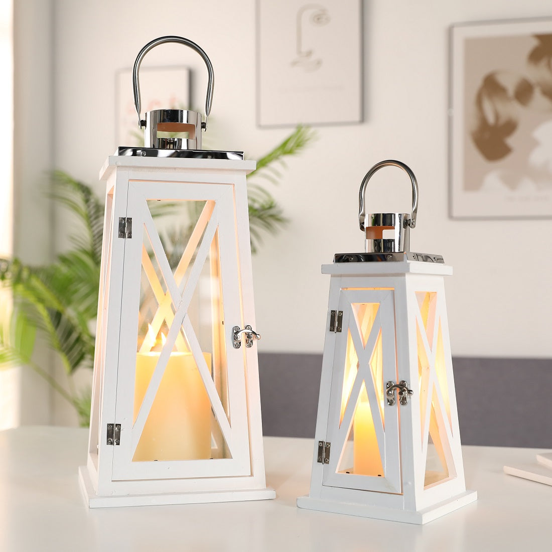 JHY DESIGN Set of 2 Metal Outdoor Candle Lantern， Decorative Wooden and Stainless Steel Candle Lantern with Tempered Glass (White Trapezoid)