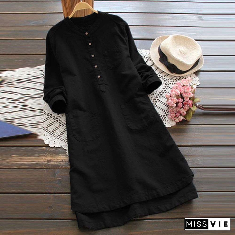 Women Long Sleeve Buttons Neck Long Shirt Dress Mini Dress Tops Mini Robe Plus