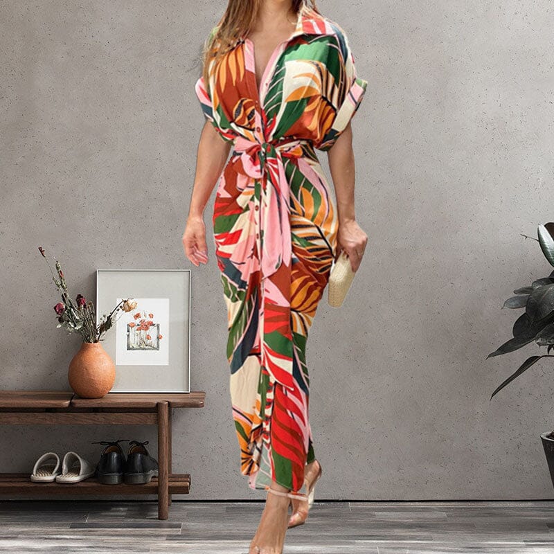 Lapel Tie Leaf Print Dress