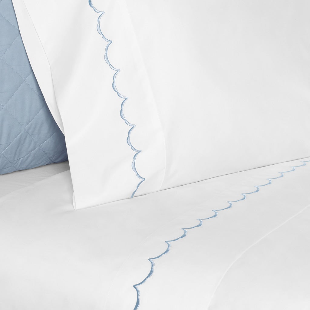 French Blue Wavelet Embroidered Sheet Set (Fitted, Flat, & Pillow Cases)