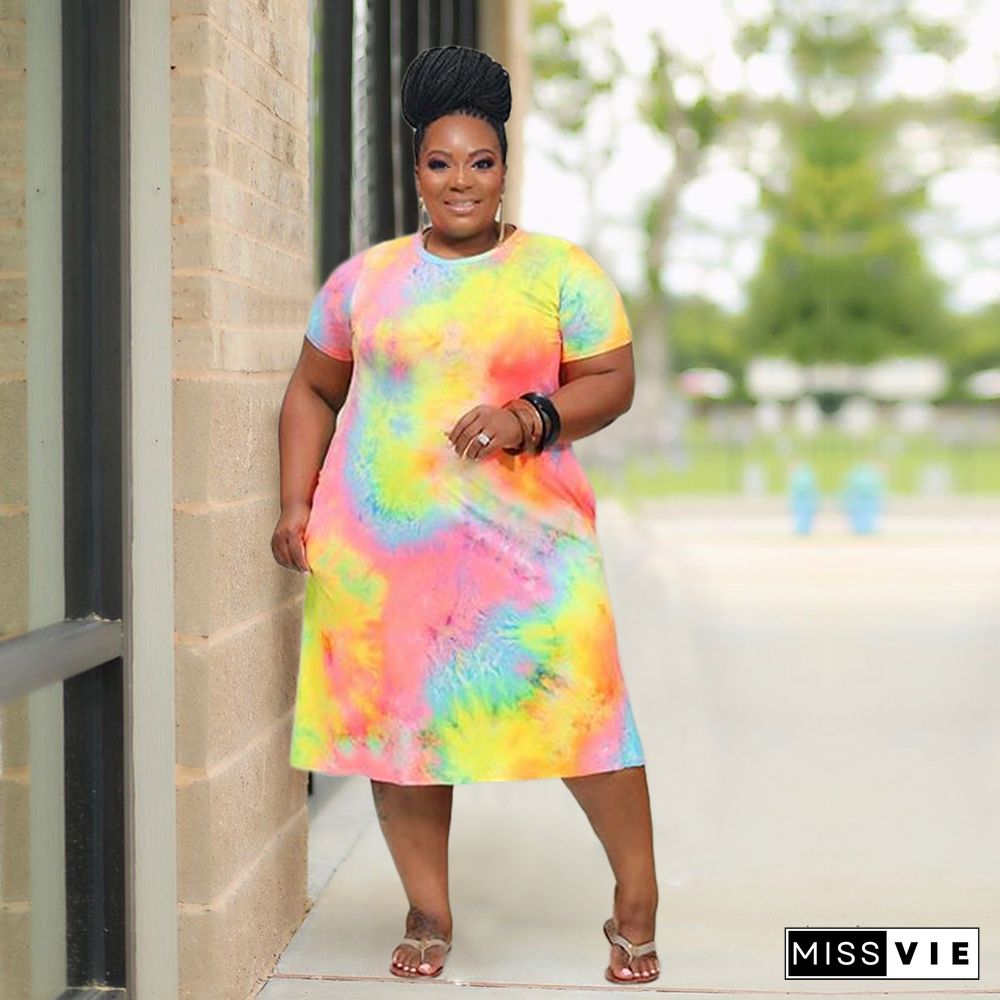 Tie-dyed Plus-size Short Sleeve Mid-length Dress