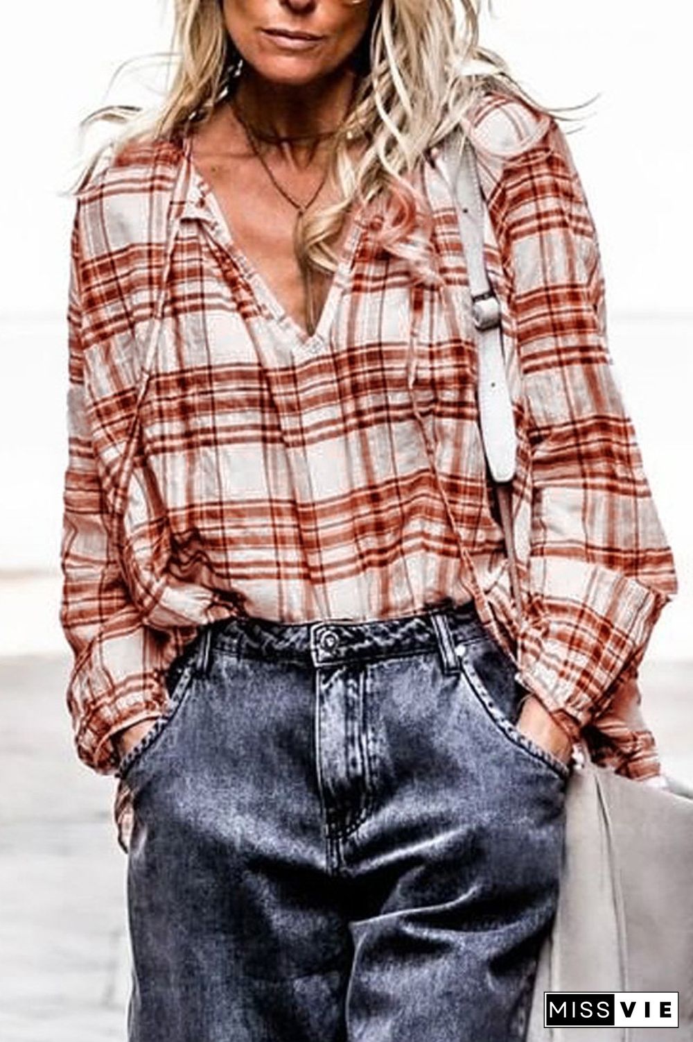 Plaid Print V-Neck Long Sleeve Blouse