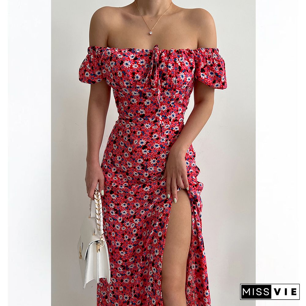 Elegant Floral Print Hem Split Dresses Women Summer Dress New Strapless Short Puff Sleeves Sexy A-line Midi Dress