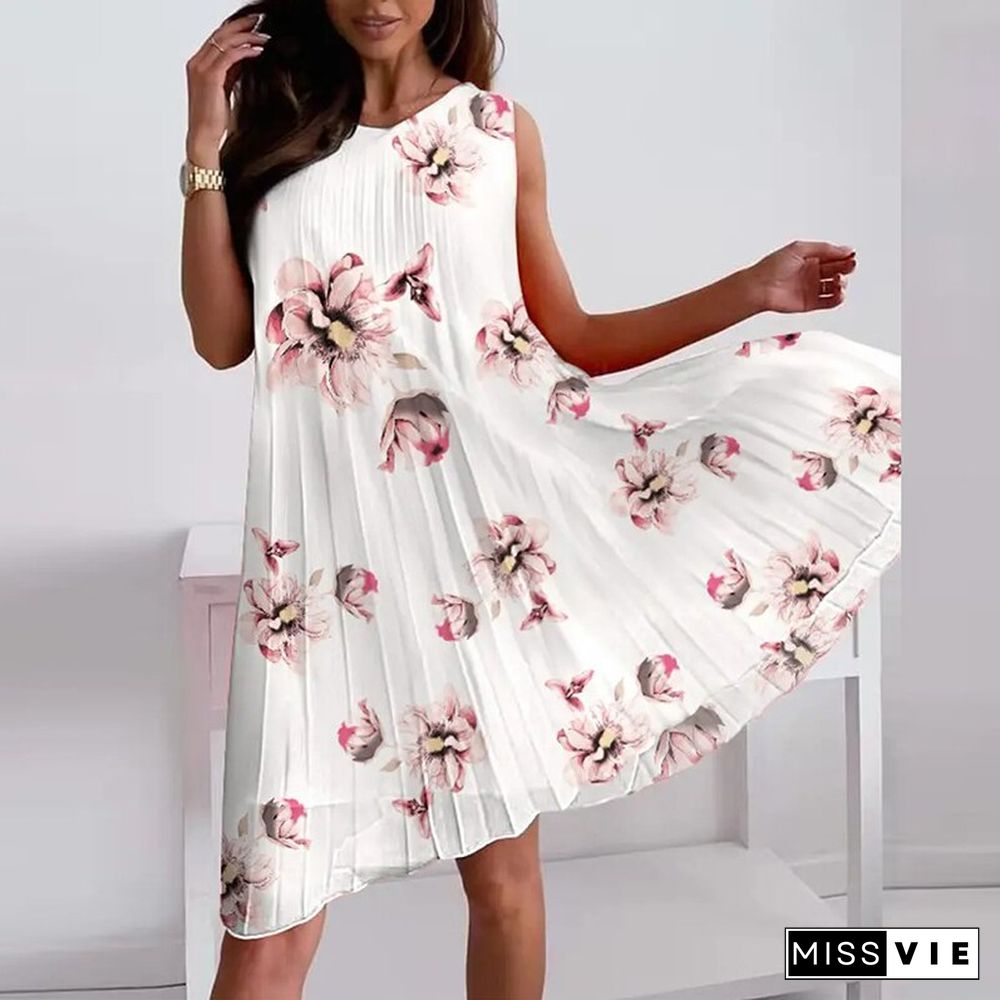 Women Floral Print Loose Chiffon Party Dress Elegant Casual O Neck Pleated Tank Beach Dress Sexy Sleeveless A-Line Mini Dresses