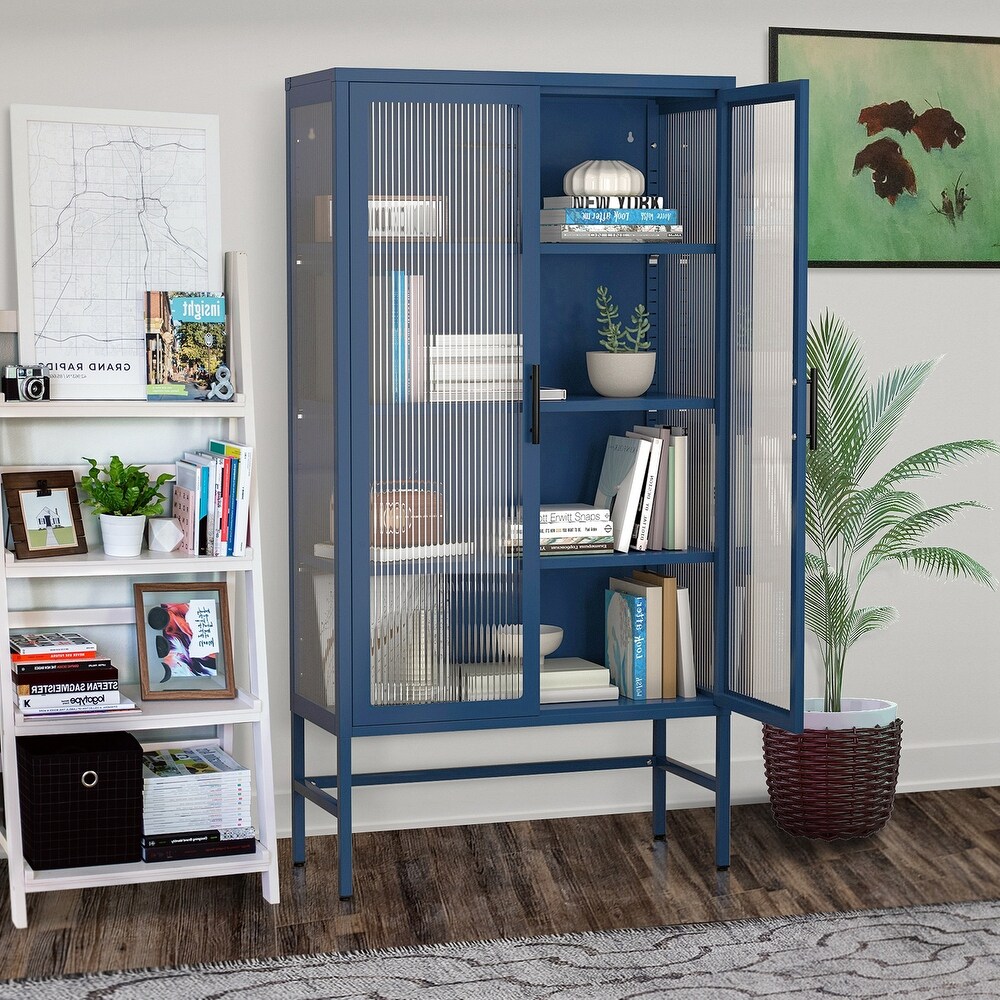 Double Glass Door Storage Cabinet Sideboard with Adjustable Shelves and Feet Cold Rolled Steel