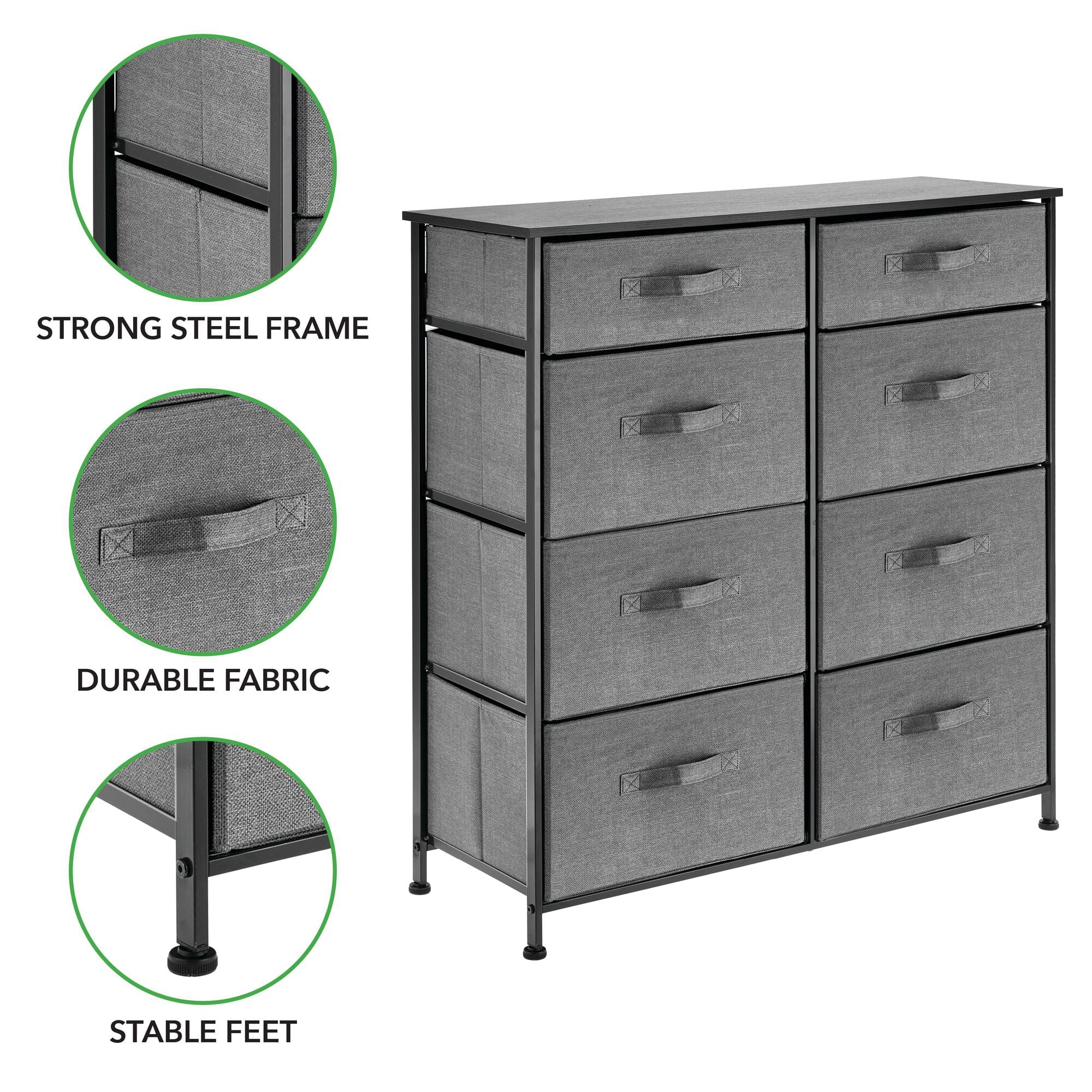 mDesign Tall Steel Frame/Wood Top Storage Dresser Furniture Unit with 8 Slim Removable Fabric Drawers, Large Bureau Organizer for Bedroom, Living Room, Closet - Lido Collection, Charcoal Gray