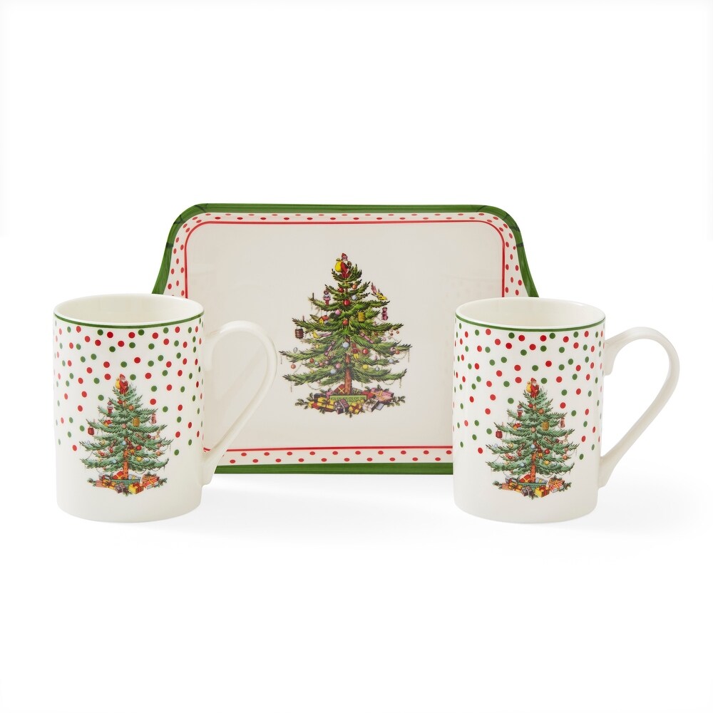Pimpernel Christmas Tree Polka Dot Set of 2 Mugs and Tray