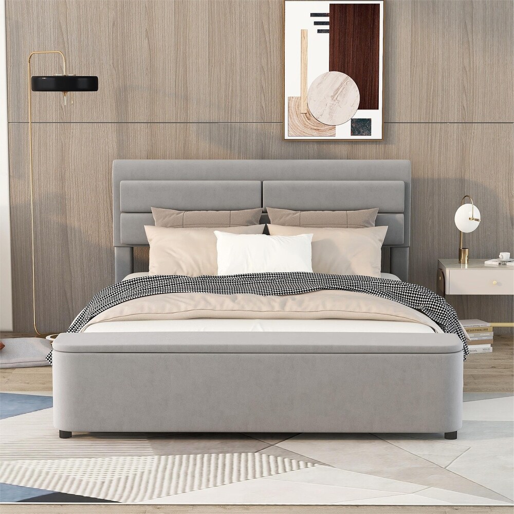 Upholstery Platform Bed with Storage Headboard and Footboard  Support Legs  Solid Wood Bedframe  No Need Spring Box