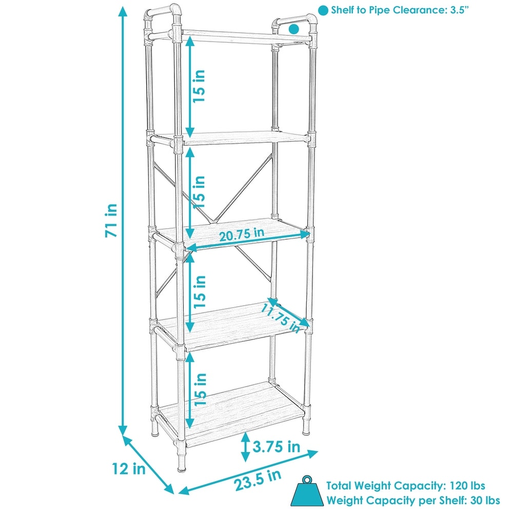 5 Tier Black Pipe Bookshelf with Wood Veneer Shelves