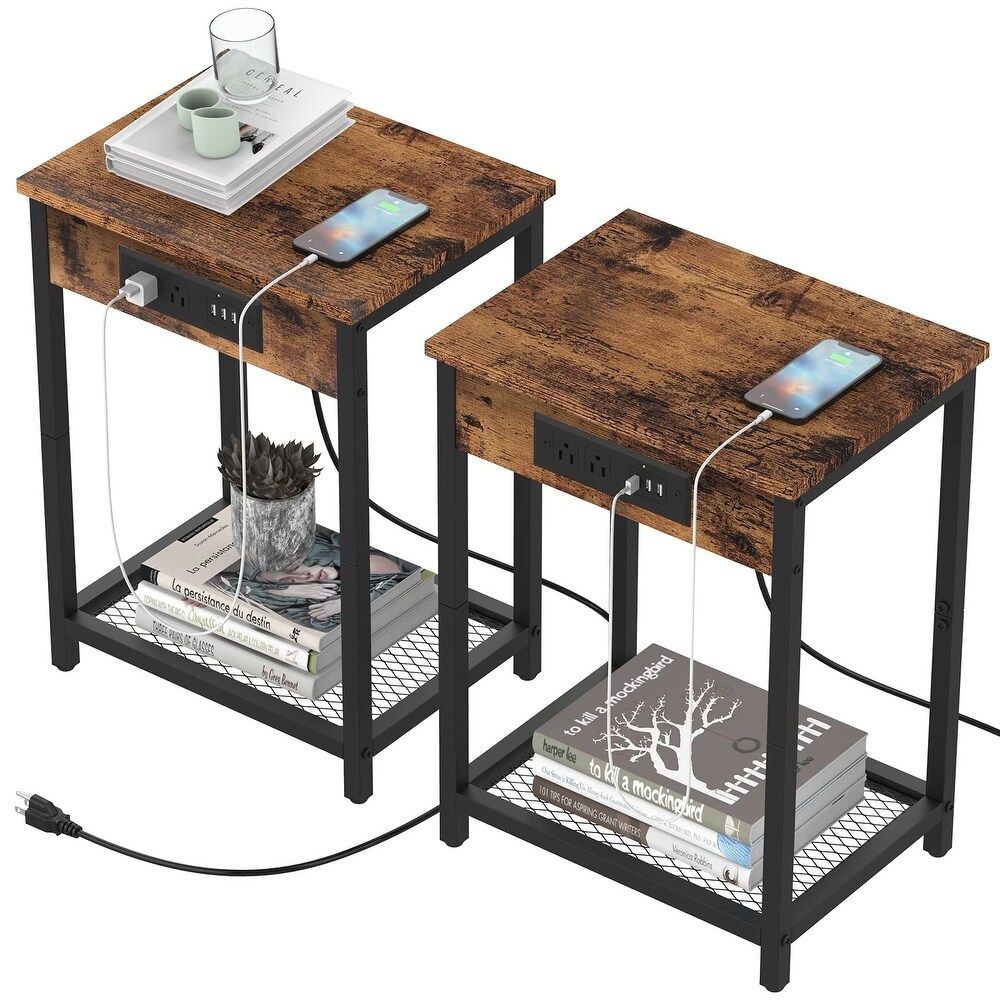 Nightstand with Charging Station Set of 2 Side End Table with USB Ports and Power Outlets Industrial Bedside