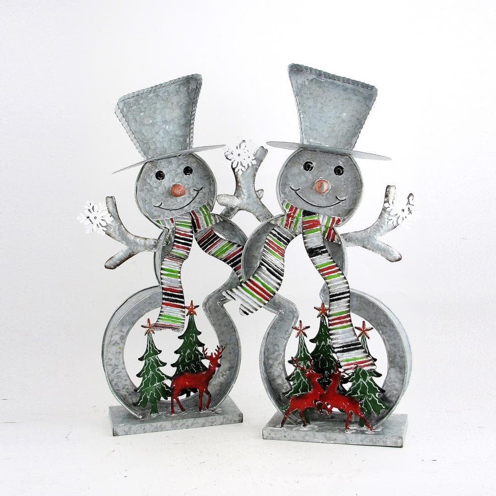 Zaer Ltd. International 30 in. Tall Galvanized Cookie Cutter Snowmen with Christmas Trees and Reindeer (Set of 2) ZR190301