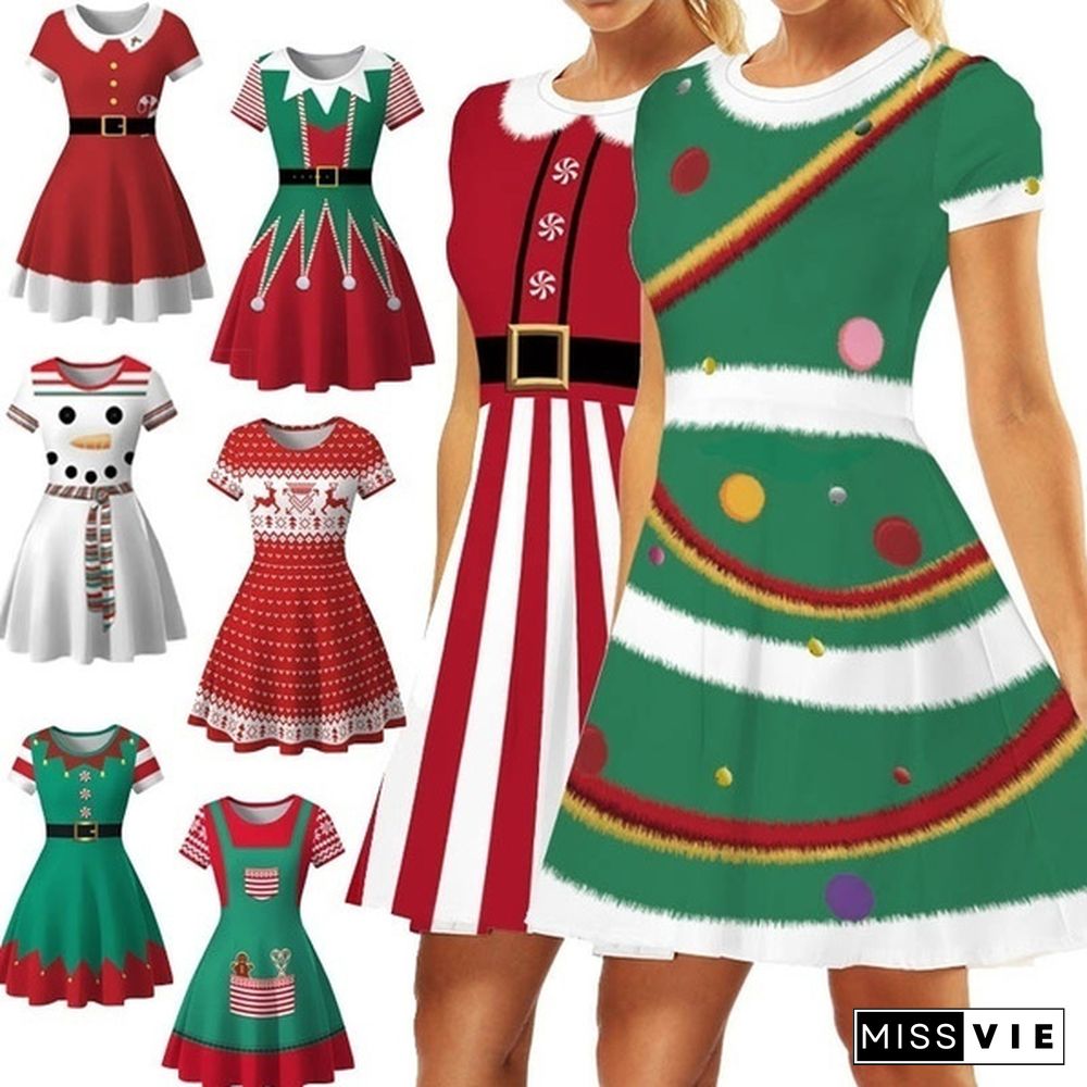 Fashion Christmas Elf Digital Print Women's Short Sleeve Slim Dress