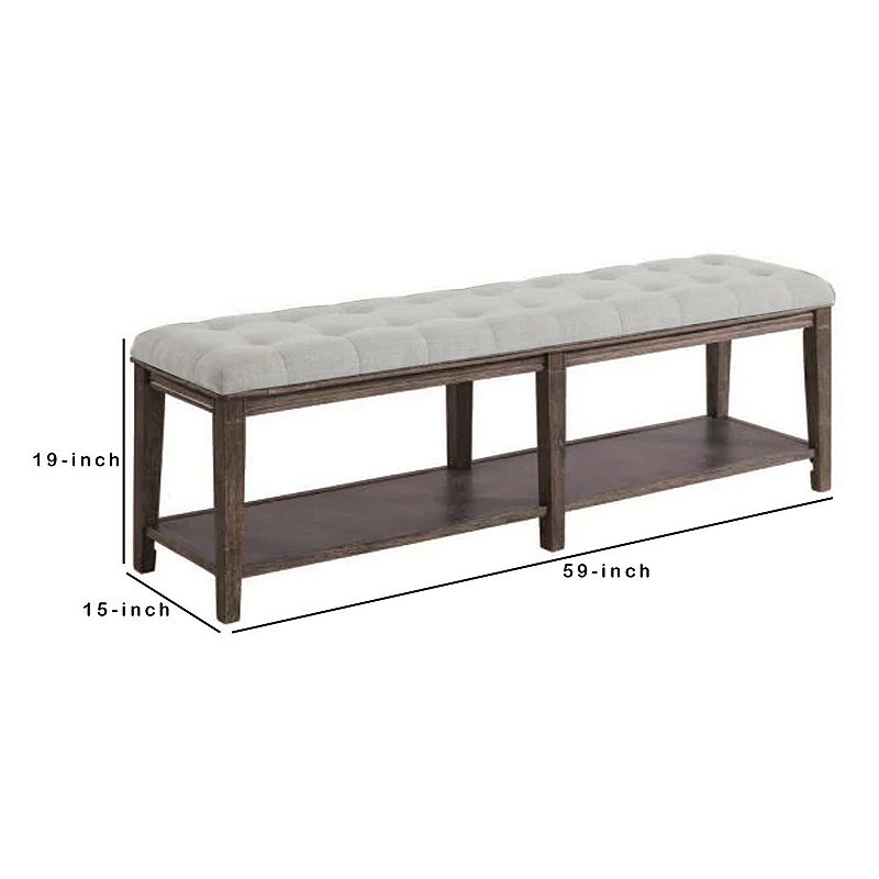 Bench with Button Tufted Seat and Open Shelf， Beige