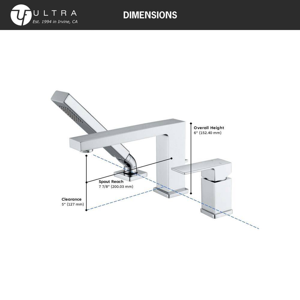 Ultra Faucets Rift Single Handle Deck-Mounted Roman Tub Faucet with Hand Shower in Brushed Nickel UF65843