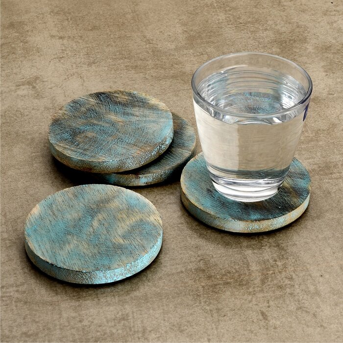 Wood Coasters， (4) Pieces Wooden Coasters Cup Coaster Set for Bar Kitchen Home ， with Natural Blue/Brown Finish