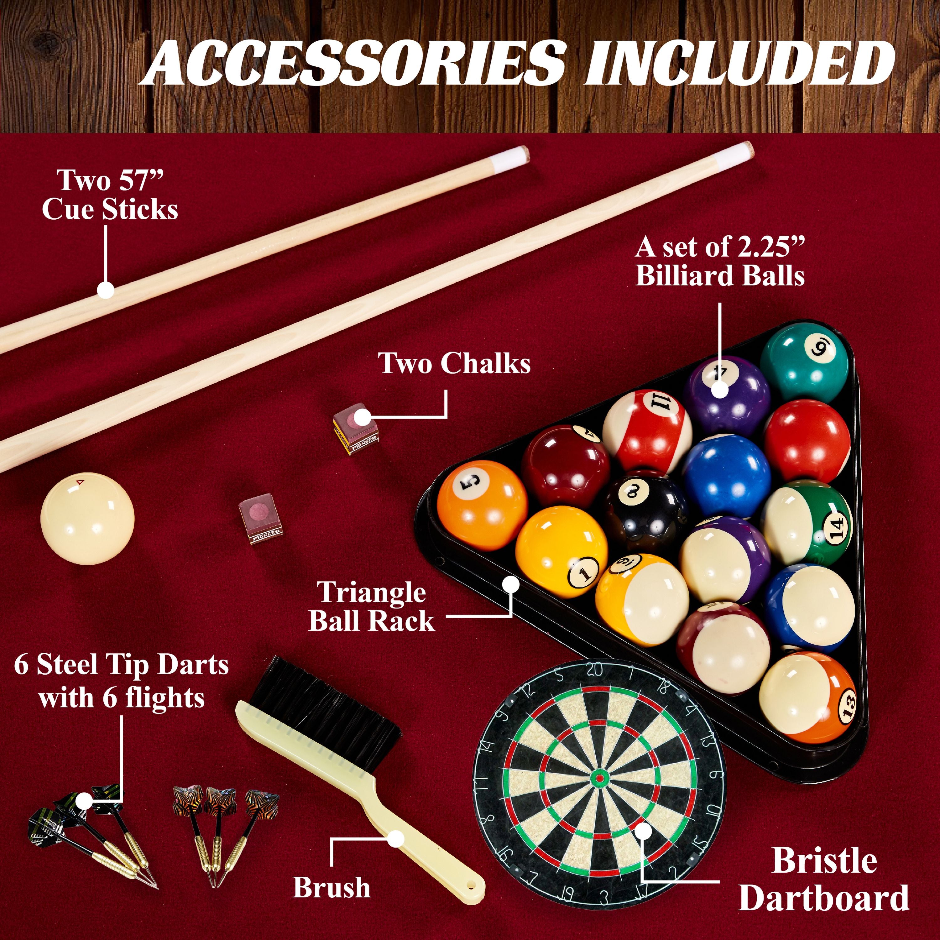 Barrington Billiards Ball and Claw Leg 90" Pool Table, Cue Rack, Dartboard, Burgundy