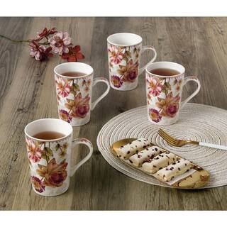 Lorren Home Trends 13 oz. Rose Floral Design Porcelain Coffee Mug (Set of 4) 400-102