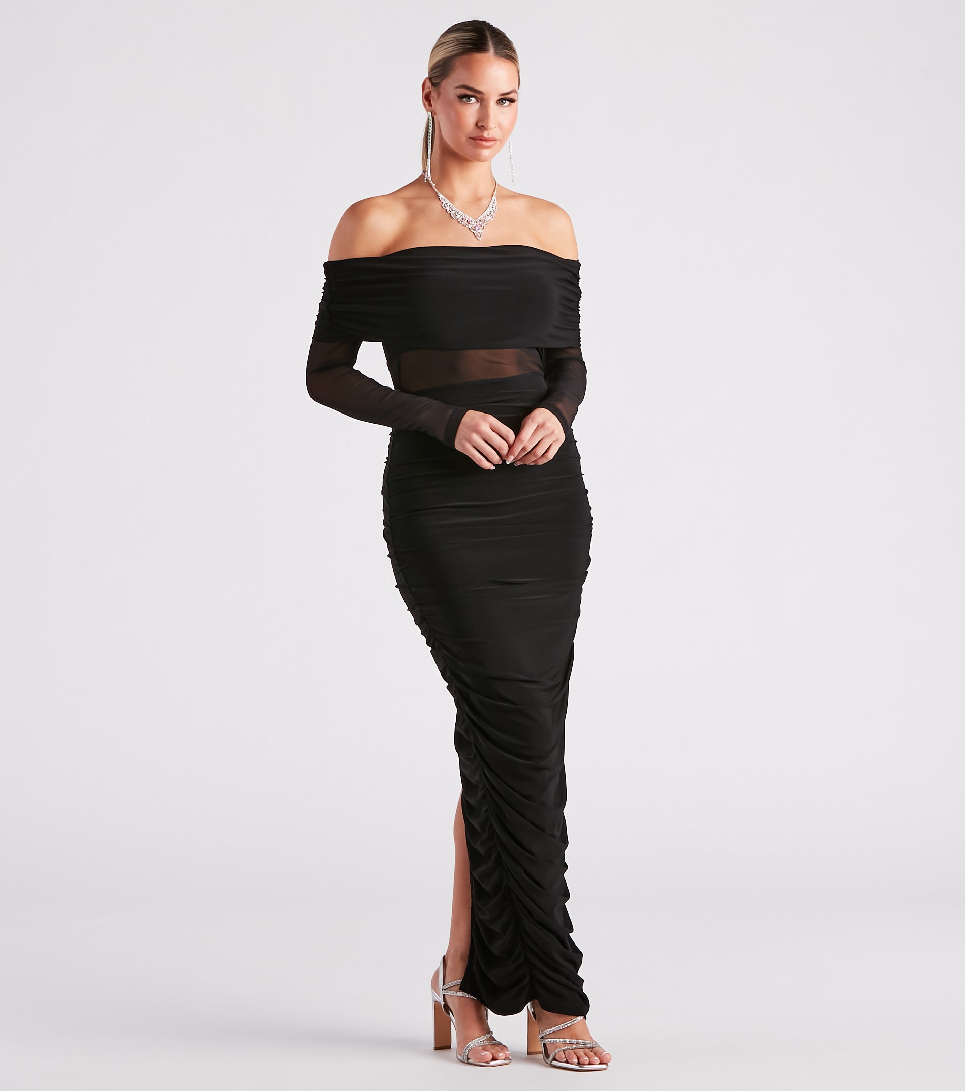 Alessia Off-The-Shoulder Sheer Mesh Formal Dress