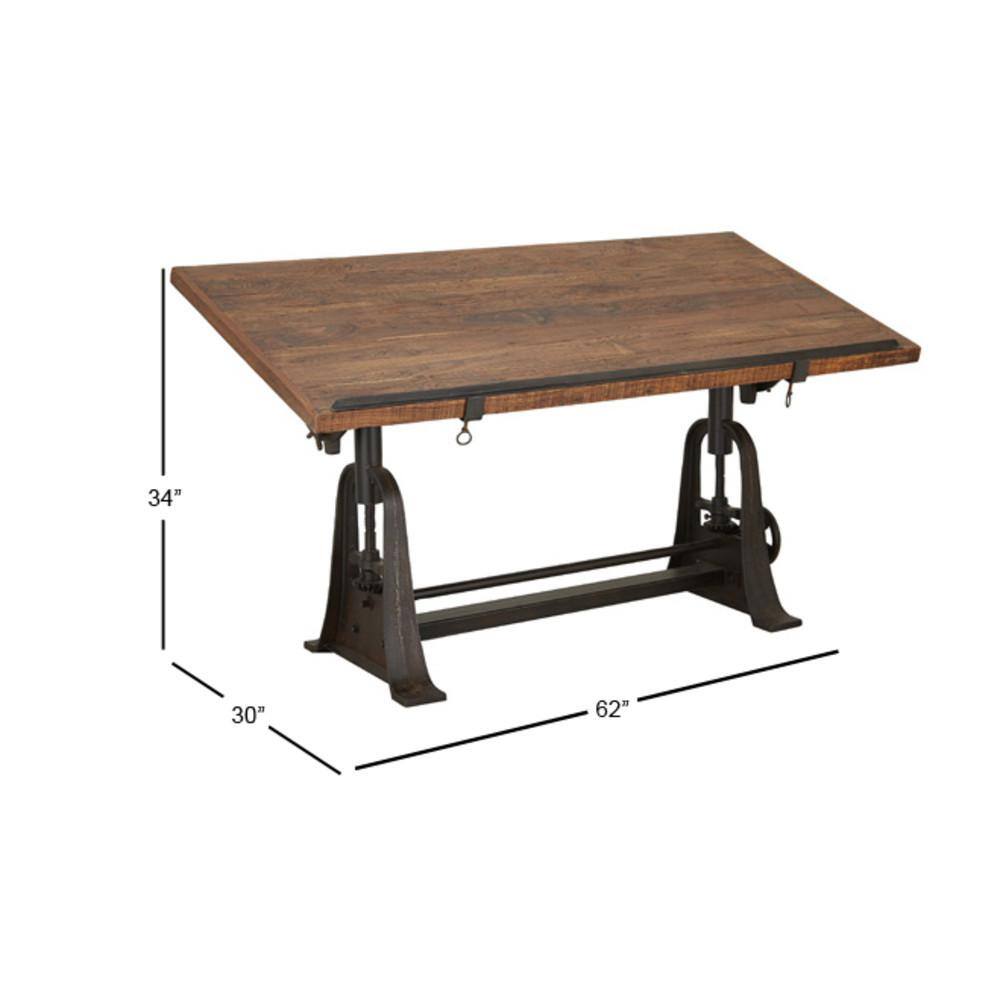 Litton Lane 30 in. Rectangle Brown Teak Wood Drafting Style Computer Desk with Tilting Top and Crank Height Adjustment 88586