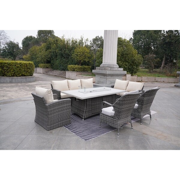 7Piece Patio Rattan Sofa Set with Alum Dining Table and Armchairs