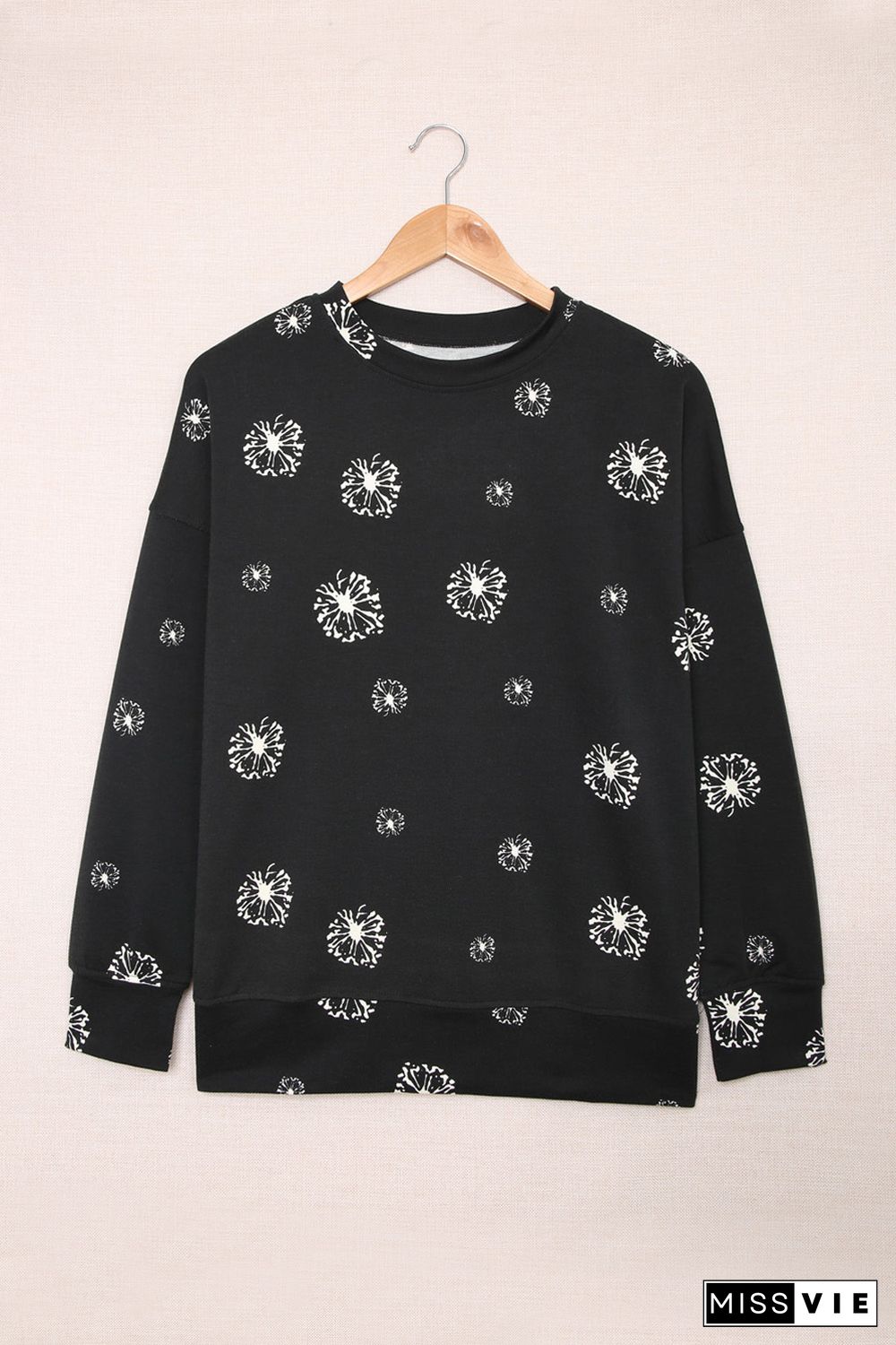 Black Dandelion Print Round Neck Sweatshirt