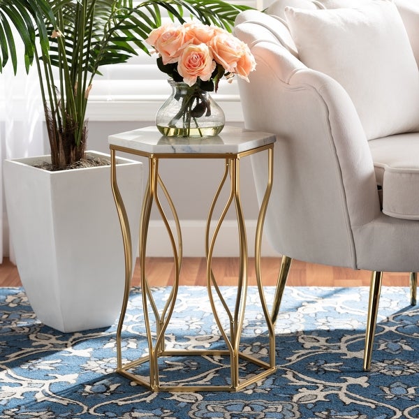 Kalena Modern and Contemporary Metal End Table with Real Marble Top