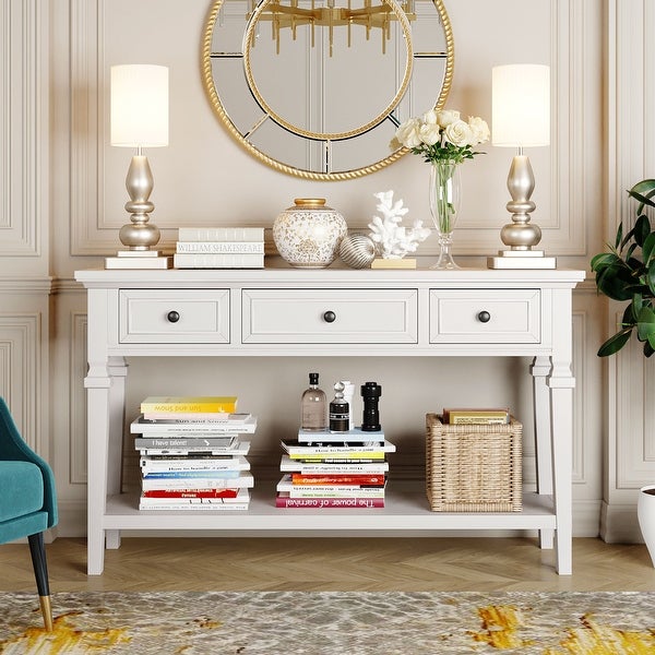 Antique White 3-Drawers Entryway Sofa Console Table with Bottom Shelf