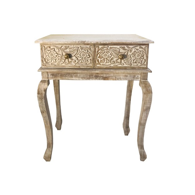 2 Drawer Mango Wood Console Table With Floral Carved Front Brown white The Urban Port