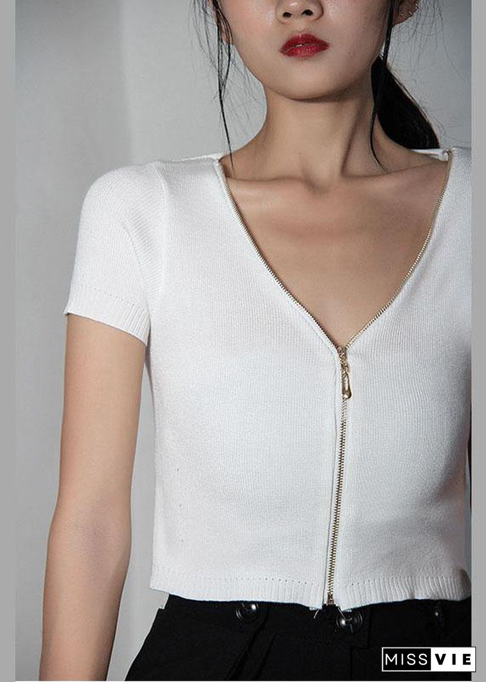 Modern White zippered V Neck Shirt Tops Summer