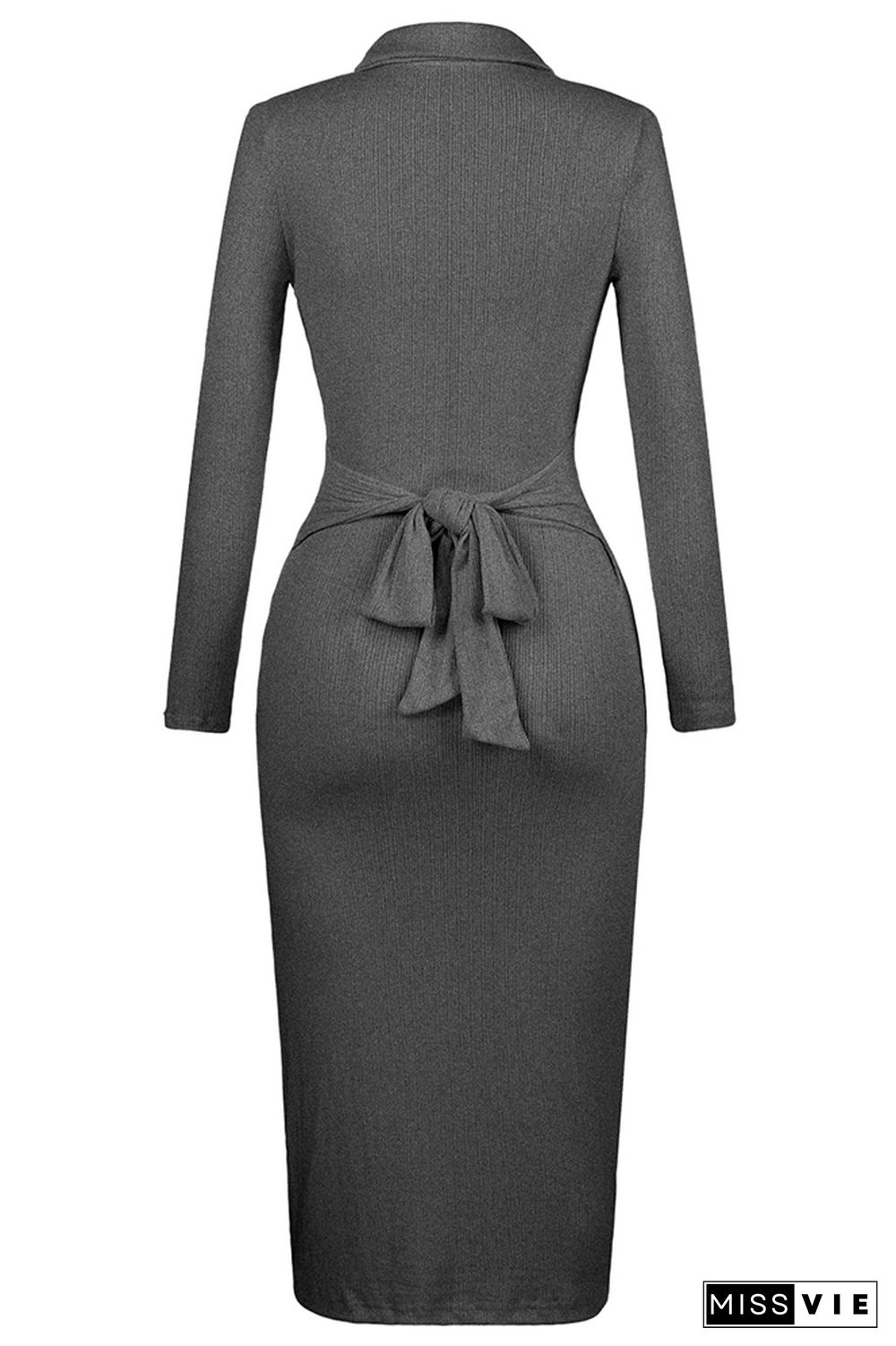 Button Down Split Knit Long Sleeves Midi Dress