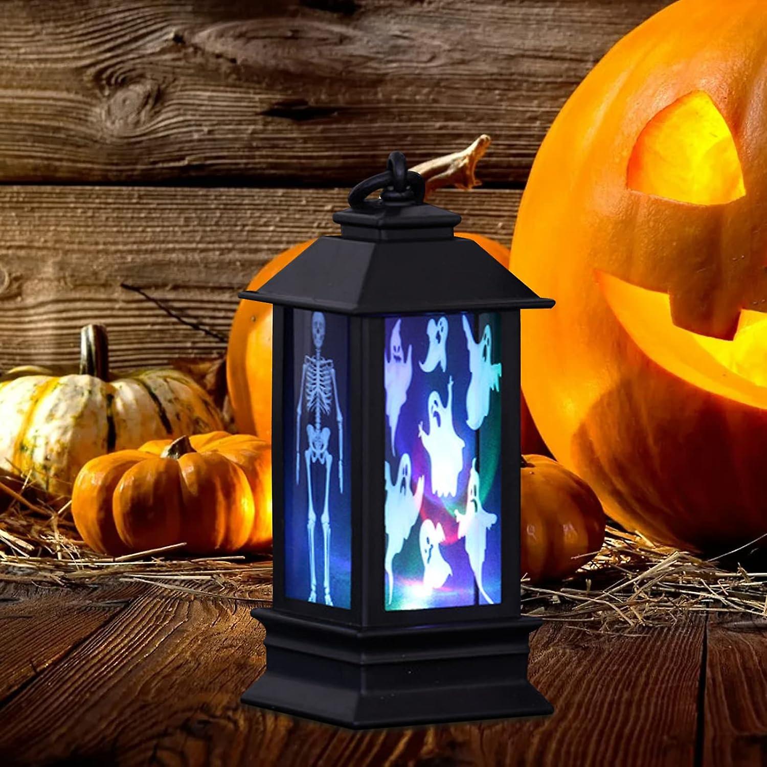 Decorative Mini Lantern Lights， Small Halloween Lanterns， Spooky Skeleton Bat Pumpkin Castle Pumpkin Lights For Indoor Outdoor Horror Theme