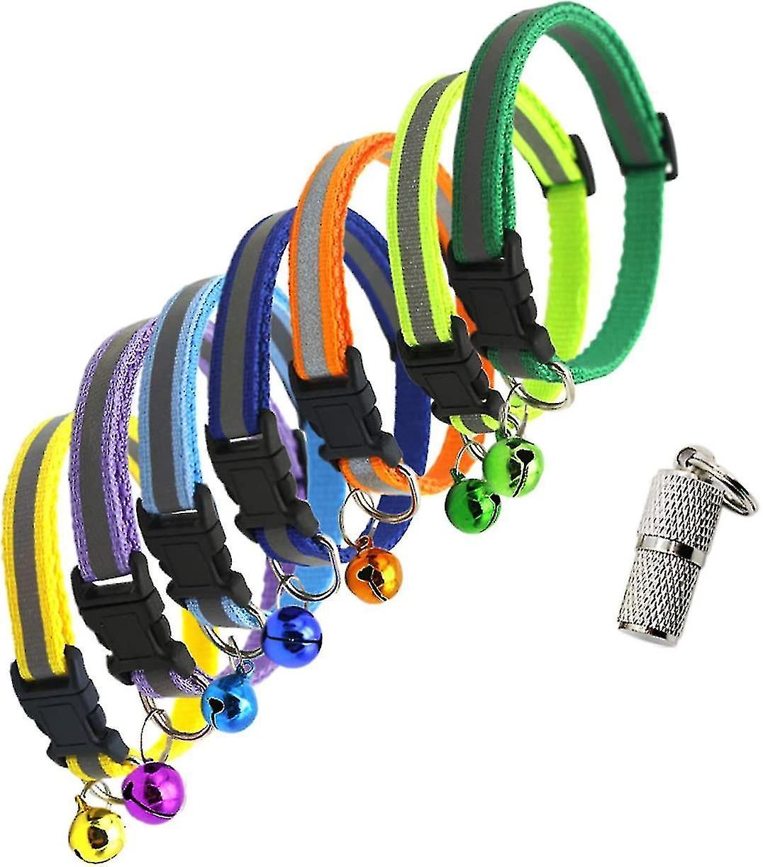 Ubiuo Reflective Cat Nylon Collar 7 Pcs With Cute Bell And Id Tag， Adjustable Pet Collar For Small D