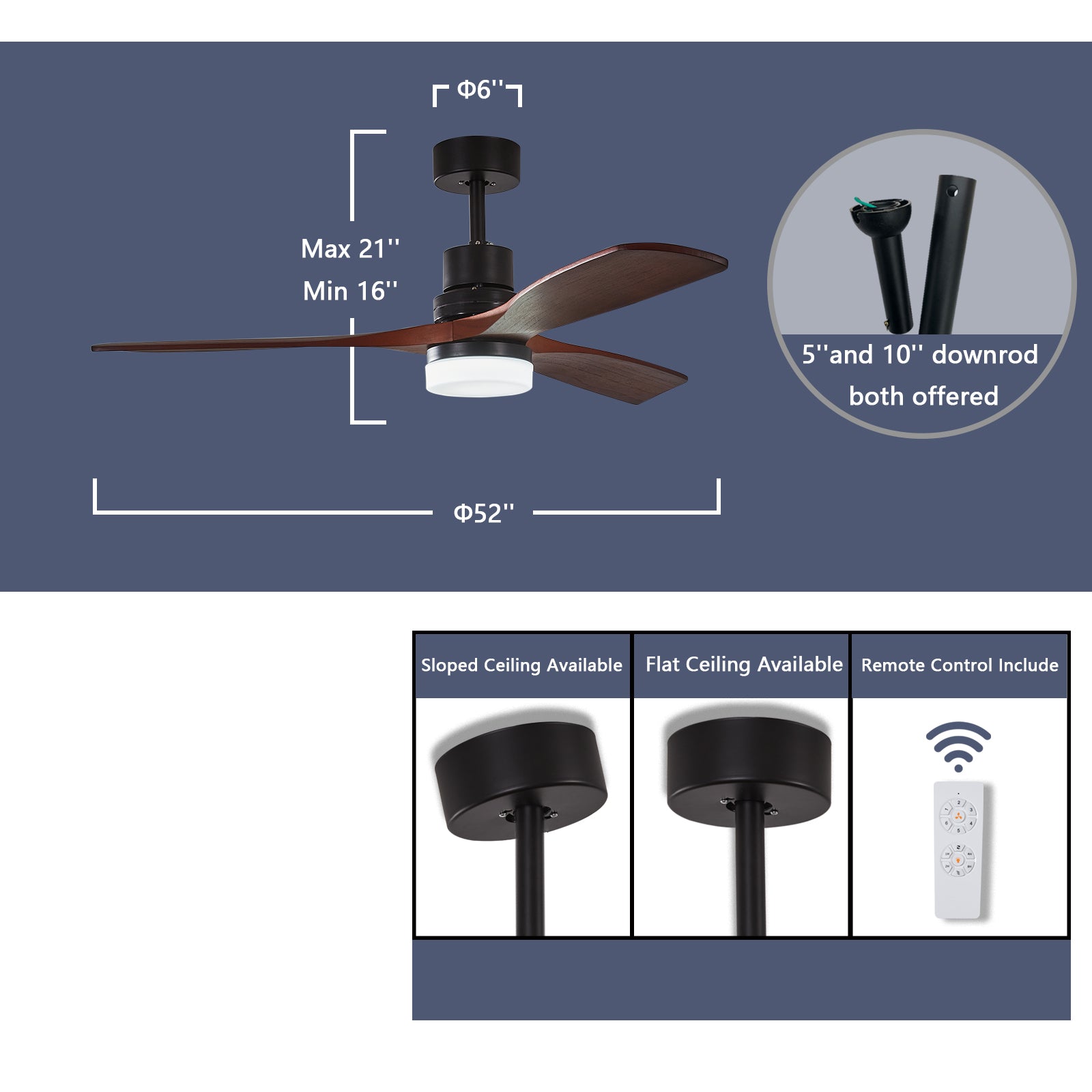 ExBrite 52 inch Integrated LED Indoor Black & Cherry Ceiling Fan with Light and Remote Control