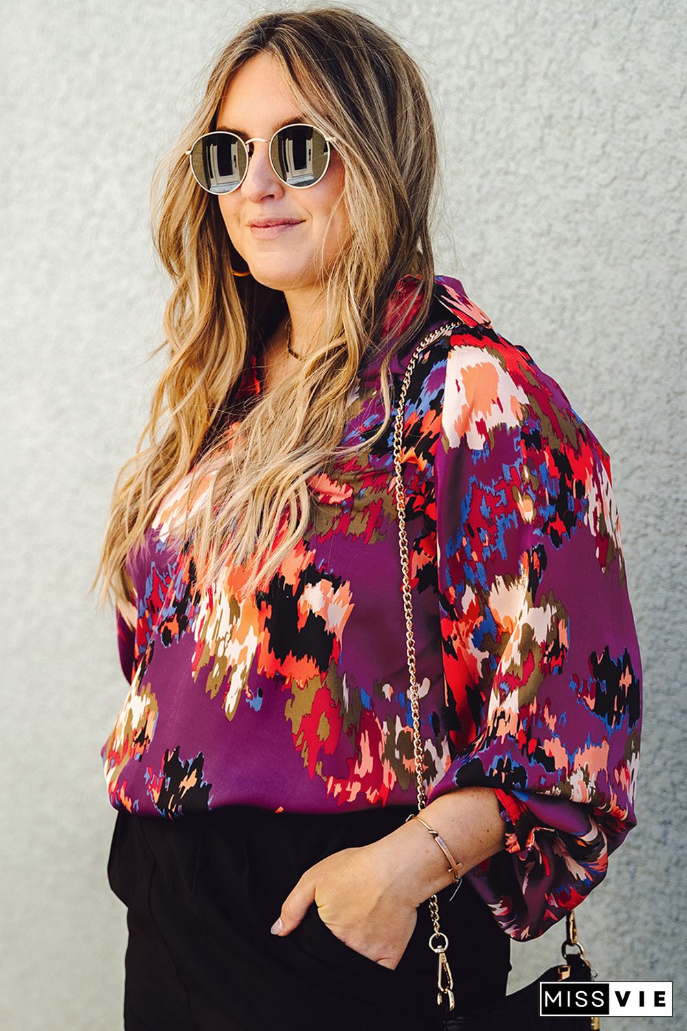 Purple Plus Size Abstract Print V-Neck Long Sleeve Blouse