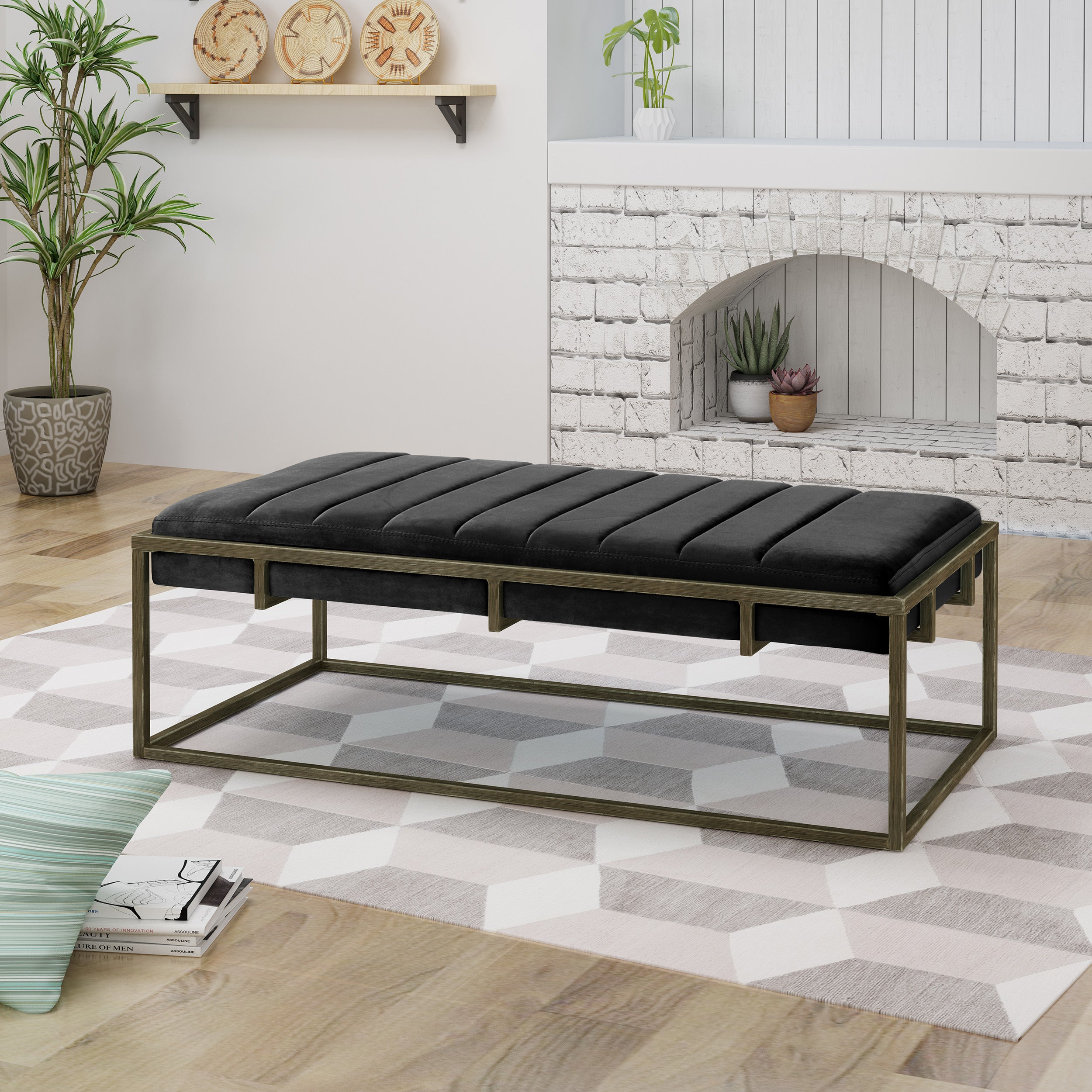 Vassy Modern Velvet Ottoman Bench with Brass Finish