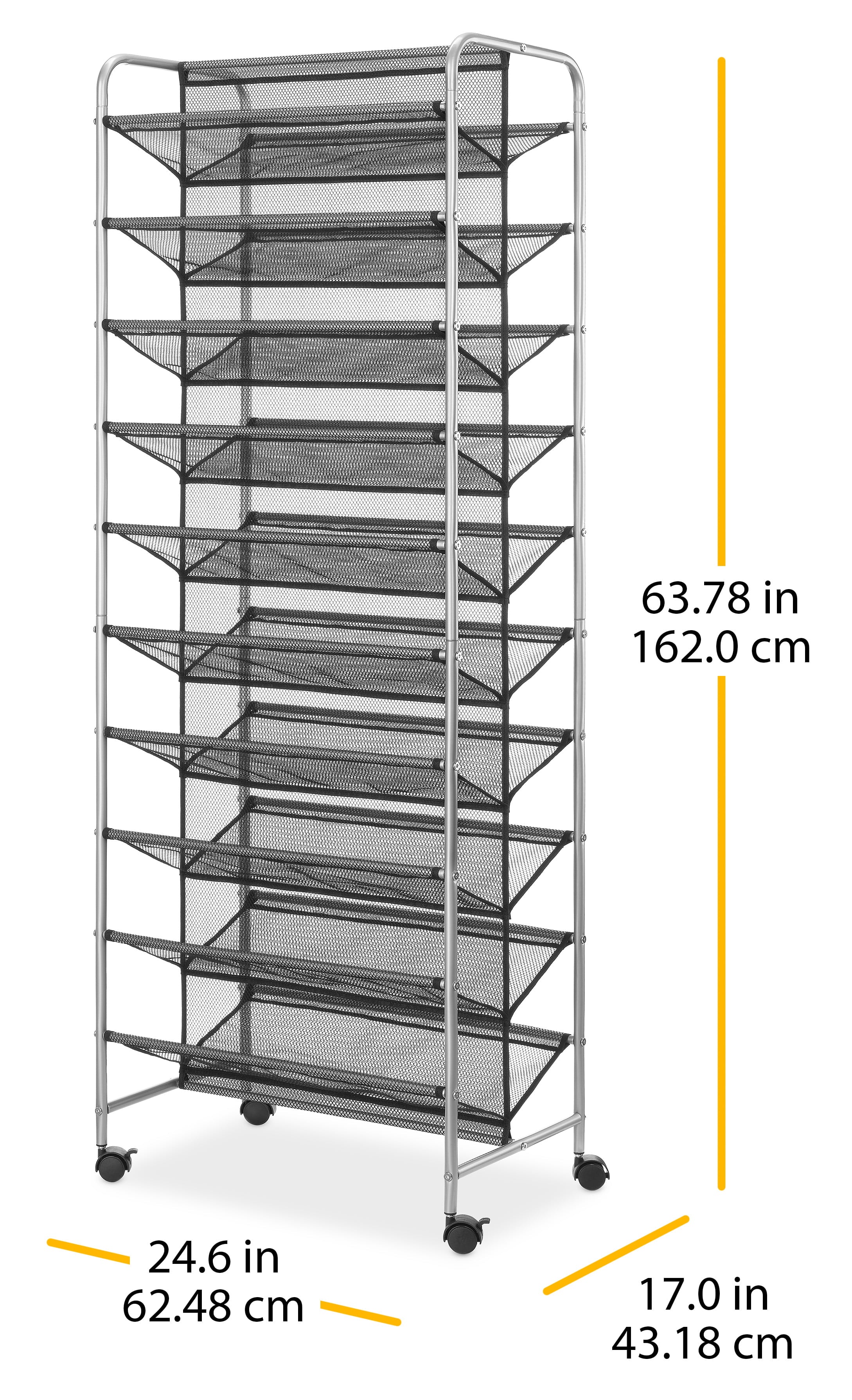 Mainstays 10 Tier 60 Pair Metal and Mesh Rolling Shoe Rack