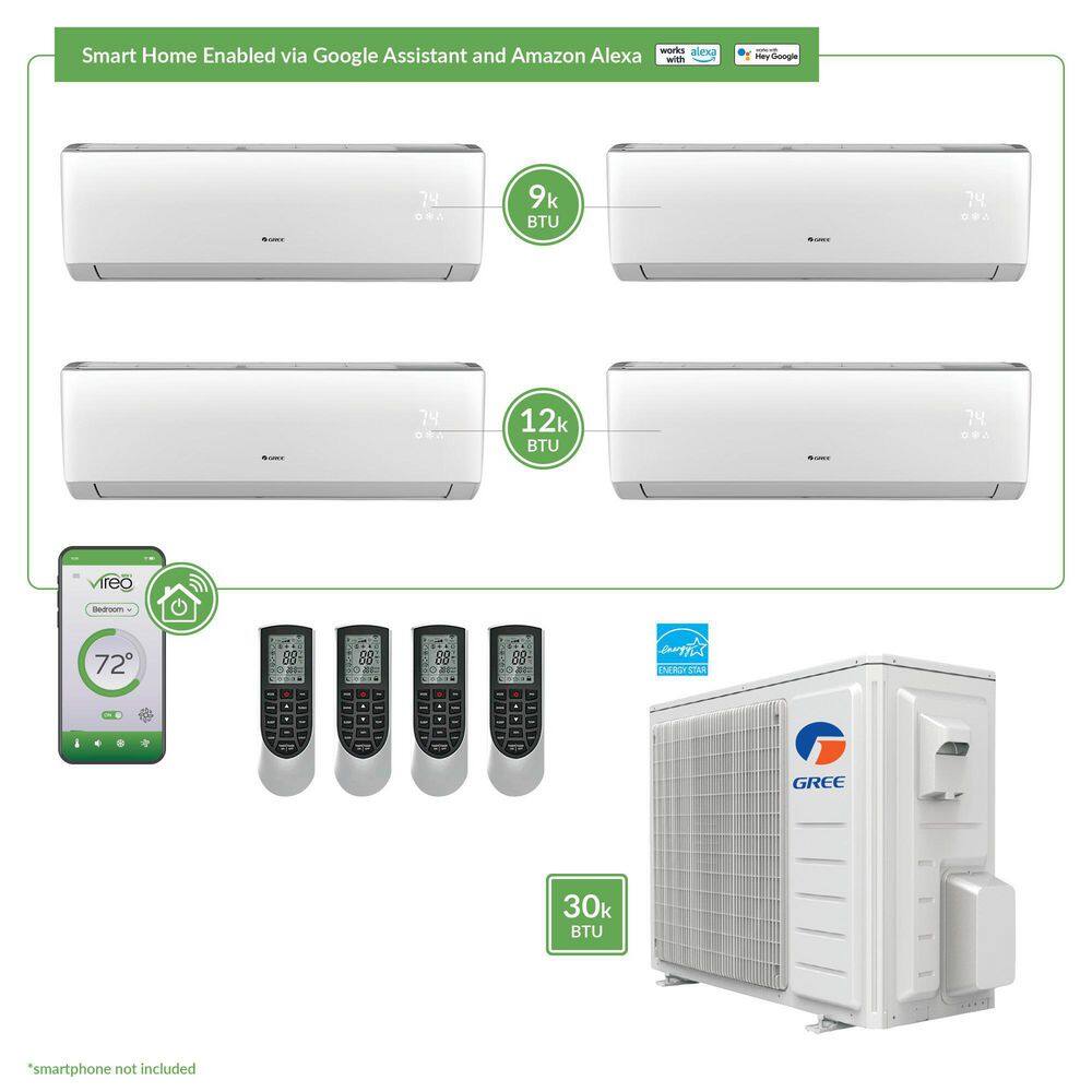 GREE Gen3 Smart Home Quad-Zone 28400 BTU 2.5 Ton Ductless Mini Split Air Conditioner  Heat Pump 25 ft. Install Kit 230-Volt MULTI30VIR402HP