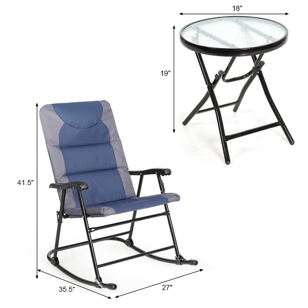 Costway 3pcs Folding Bistro Set Rocking Chair Cushioned Table Garden Blue