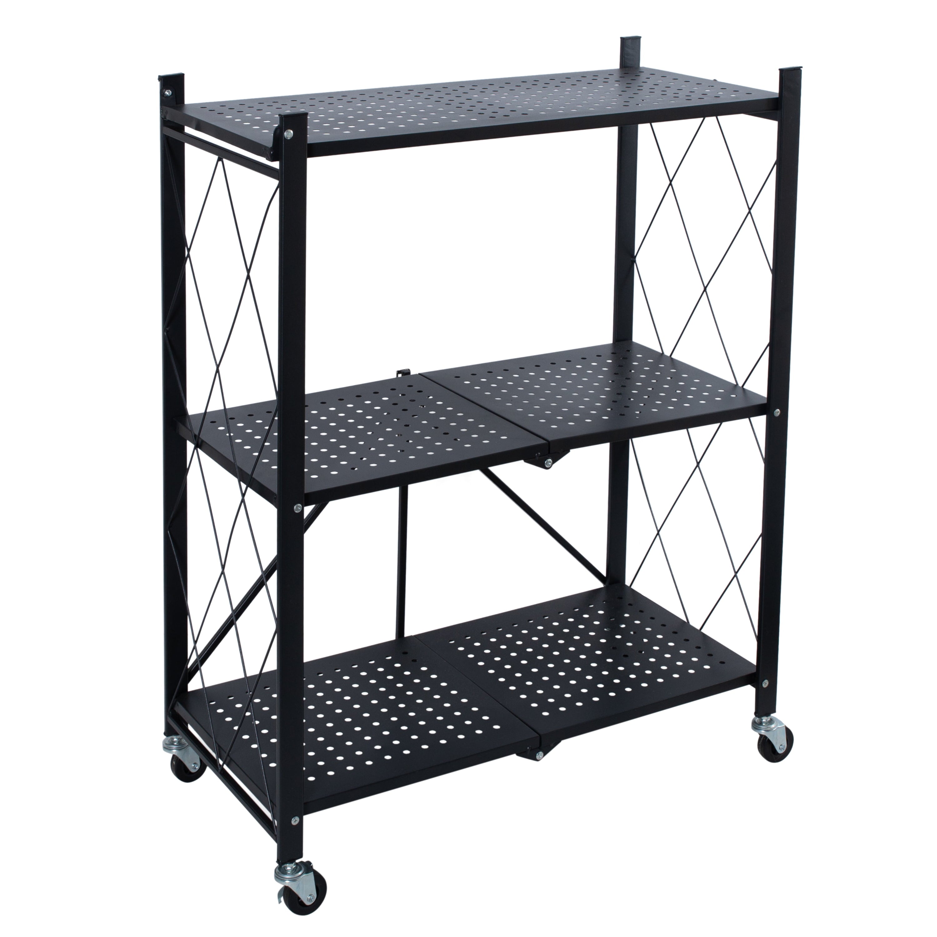 Organize It All 3 Tier Foldable Metal Storage Shelves Rack with Wheels in Black