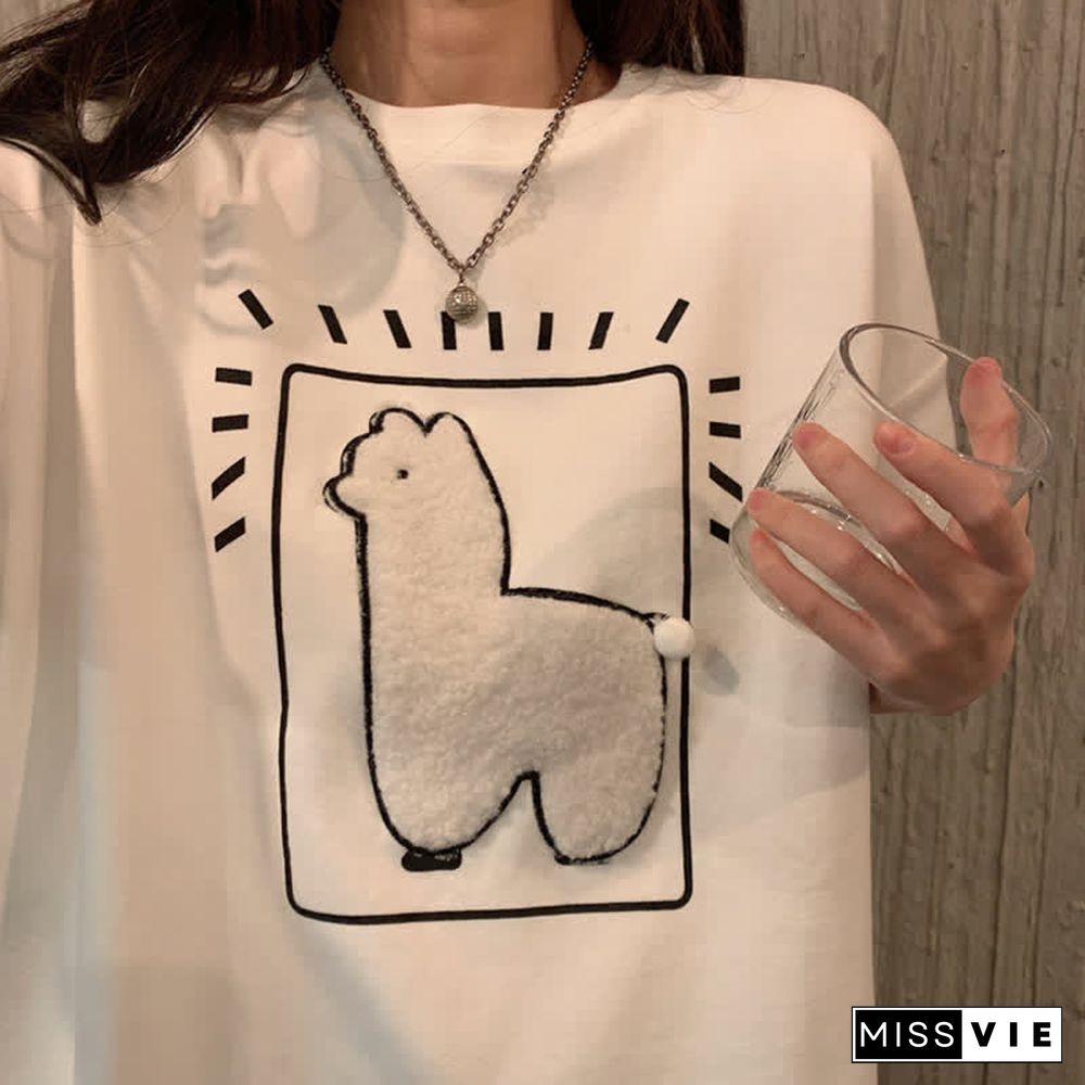 Cartoon Alpaca Embroidery Loose T-Shirt