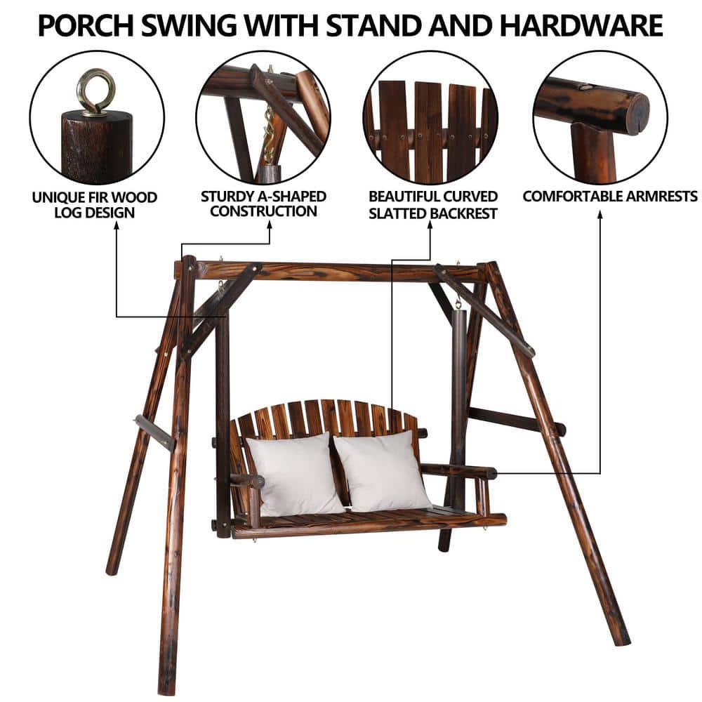 VEIKOUS 44 ft 2Person Carbonized Fir Wood Patio Porch Swing with AFrame Stand