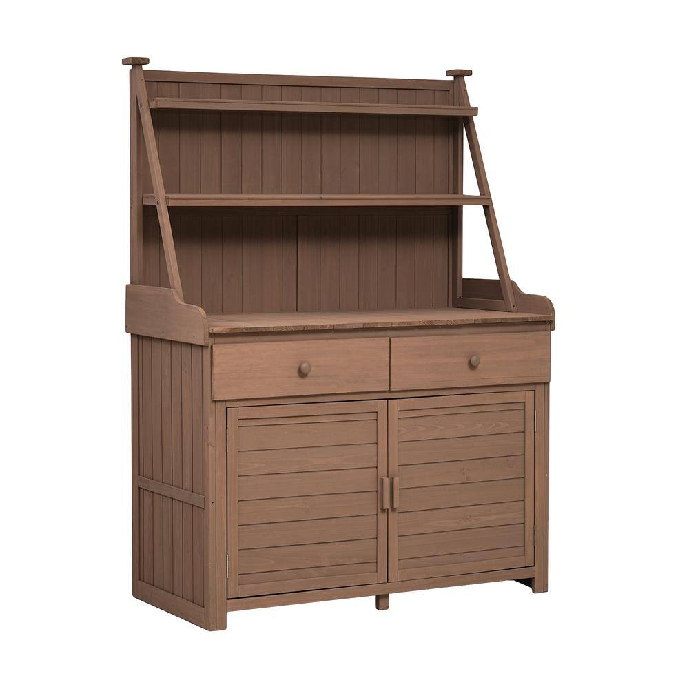 Polibi 47.2 in. W x 65 in. H Brown Garden Potting Bench Table Wood Workstation with Storage Shelf Drawer and Cabinet RS-53722-D