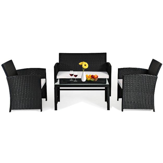 Costway 4pcs Patio Rattan Furniture Set Table amp sofa W cushion Garden Black