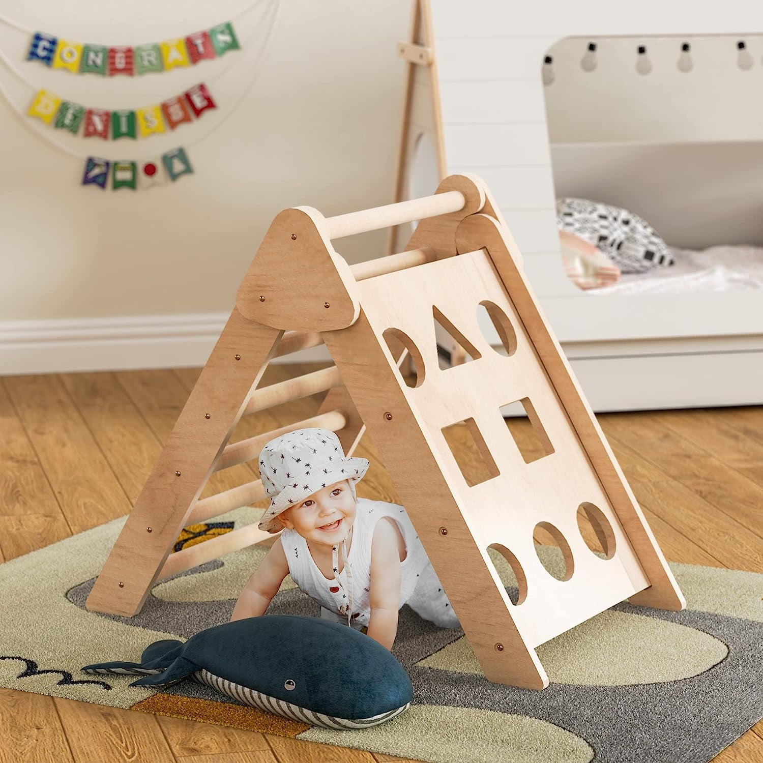 Cozy Castle Oak Wooden Climbing Toys for Toddlers， Foldable Pikler Triangle Climber with Ramp for Sliding or Climbing， 2 in 1