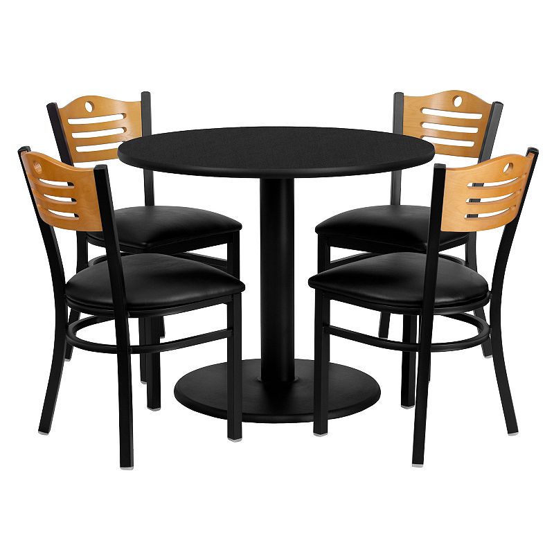 Emma and Oliver 36 Round Black Laminate Table Set， 4 Wood Slat Back Metal Chairs