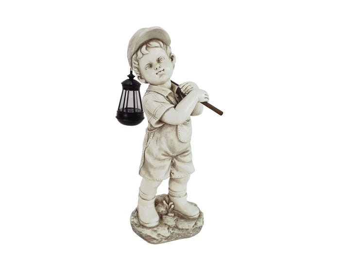 Alpine Solar Boy with Lantern with Cool White LEDs Statue - KGD576SLR