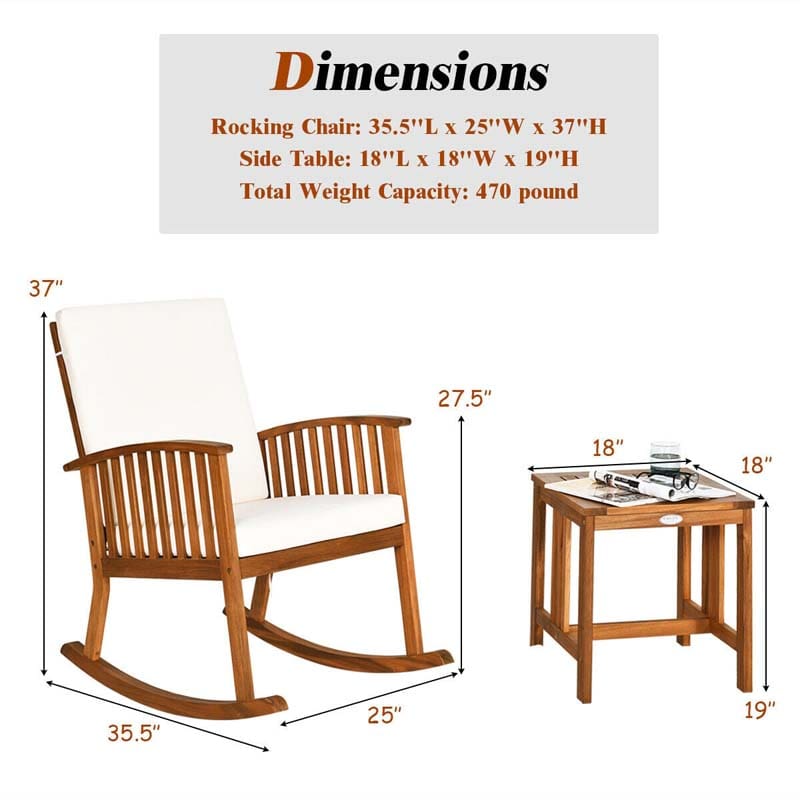 2 Pcs Acacia Wood Patio Rocking Chair Table Set with Thick Cushion, Outdoor Bistro Set Porch Rocker